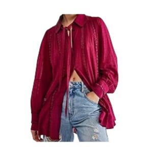 Free People Mikaela Button-Down Embroidered Tunic Top Off Beat Small NWT